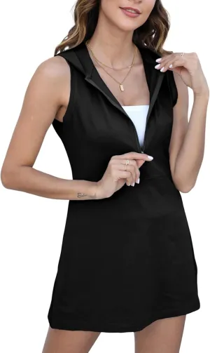 Women Athletic Tennis Dress Sleeveless Half Zip Hooded Workout Mini Dress with Shorts