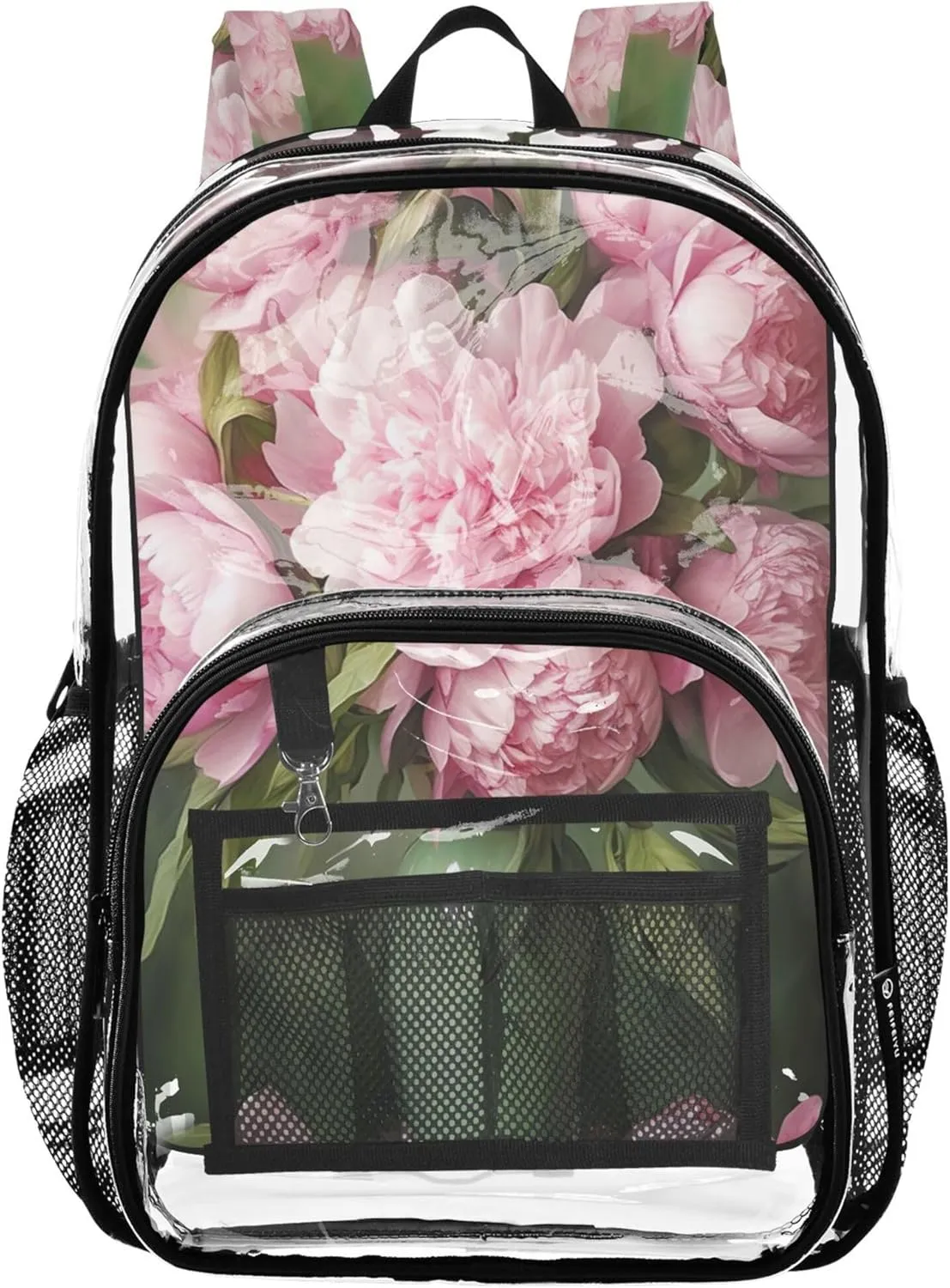 Women Clear Backpack Cute Bouquet Pink Peonies Flowers Girls Backpack Kids Boys Plastic Transparent Bookbag