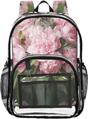 Women Clear Backpack Cute Bouquet Pink Peonies Flowers Girls Backpack Kids Boys Plastic Transparent Bookbag