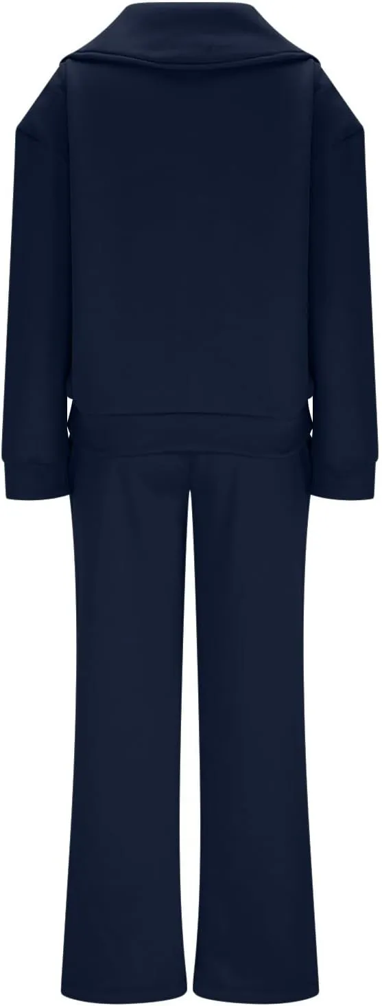 Women Fashion Solid Collar Half Zipper Sweatshirt Wide Leg Sweatpants Matching Sets Casual Sports Two Piece Set