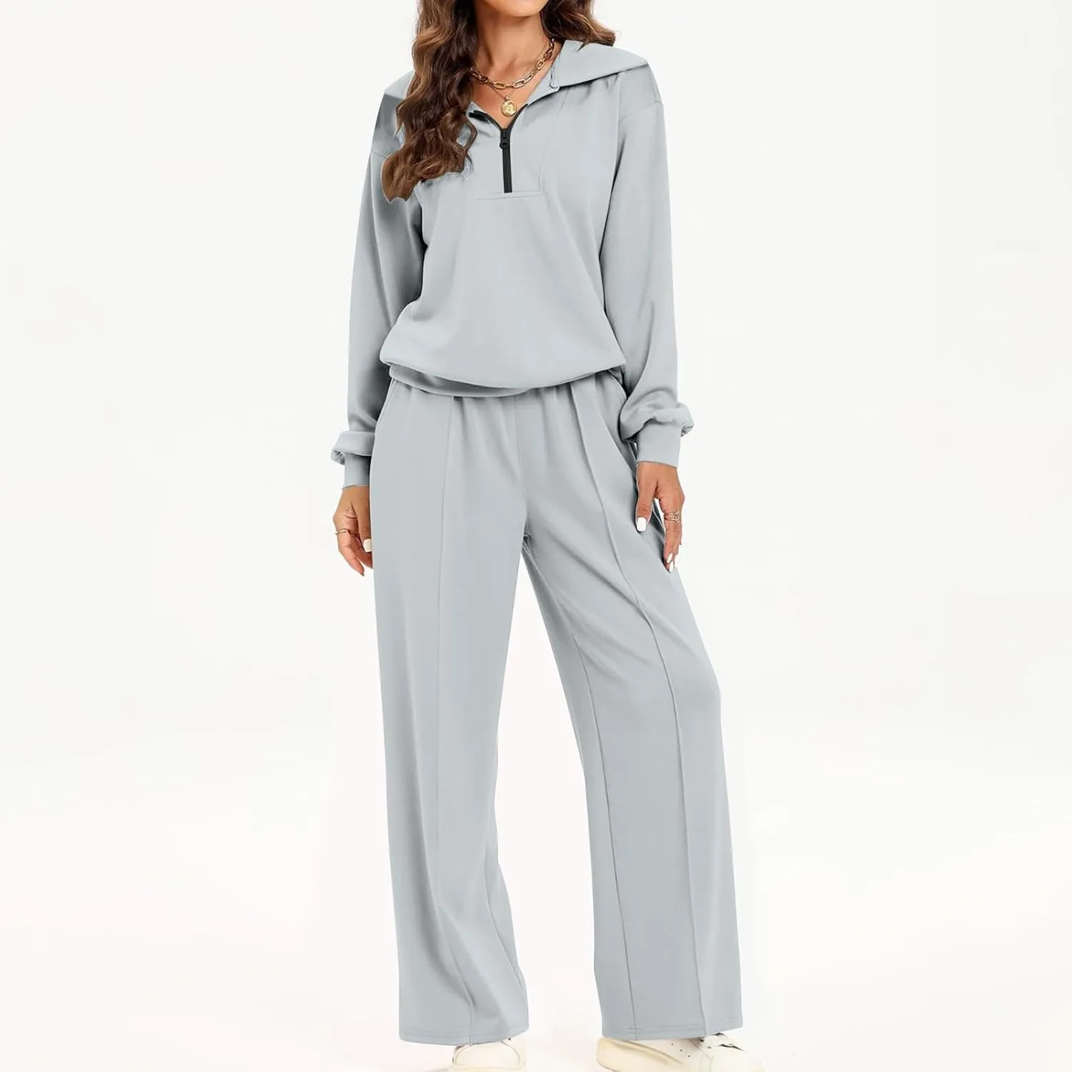 Women Fashion Solid Collar Half Zipper Sweatshirt Wide Leg Sweatpants Matching Sets Casual Sports Two Piece Set