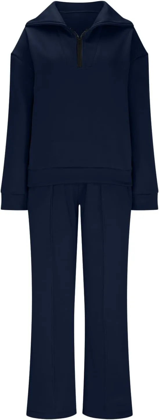 Women Fashion Solid Collar Half Zipper Sweatshirt Wide Leg Sweatpants Matching Sets Casual Sports Two Piece Set