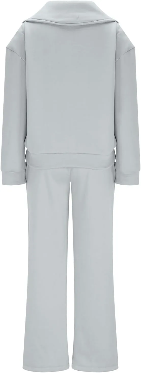 Women Fashion Solid Collar Half Zipper Sweatshirt Wide Leg Sweatpants Matching Sets Casual Sports Two Piece Set