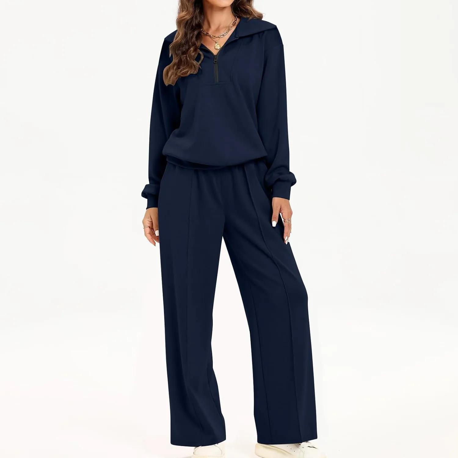 Women Fashion Solid Collar Half Zipper Sweatshirt Wide Leg Sweatpants Matching Sets Casual Sports Two Piece Set