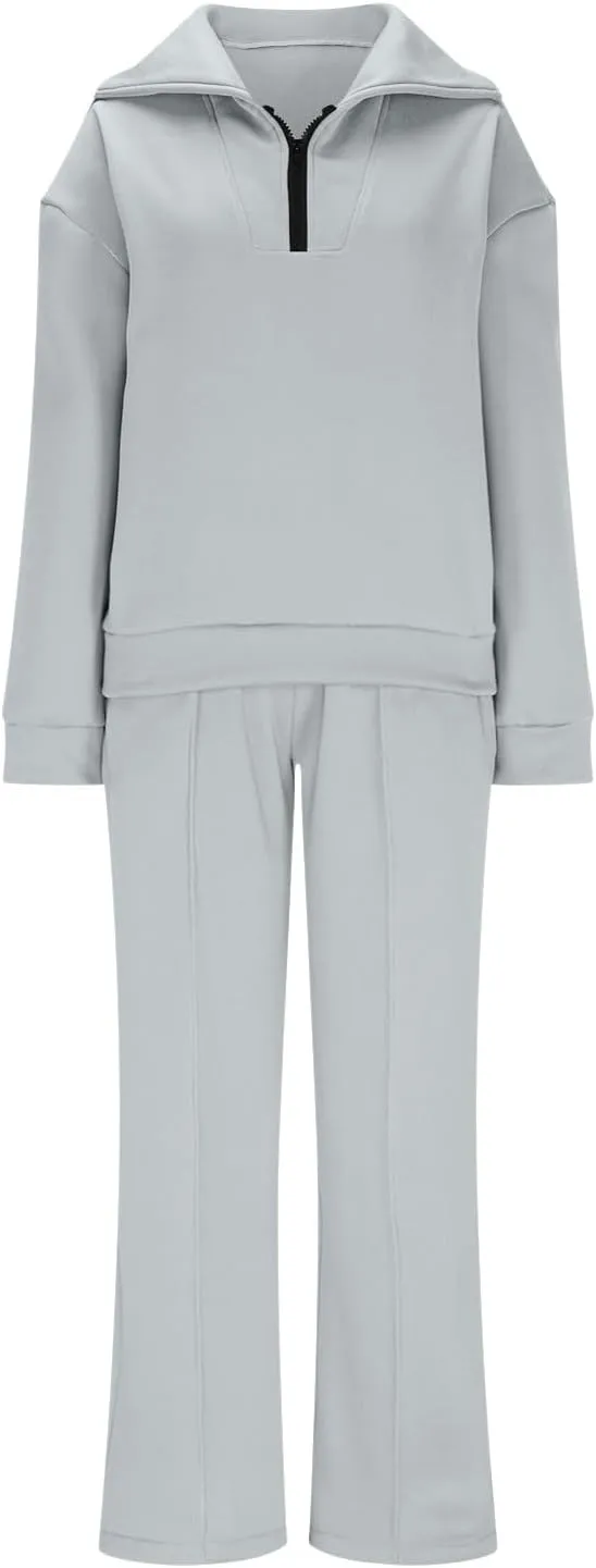 Women Fashion Solid Collar Half Zipper Sweatshirt Wide Leg Sweatpants Matching Sets Casual Sports Two Piece Set