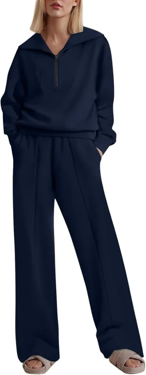 Women Fashion Solid Collar Half Zipper Sweatshirt Wide Leg Sweatpants Matching Sets Casual Sports Two Piece Set