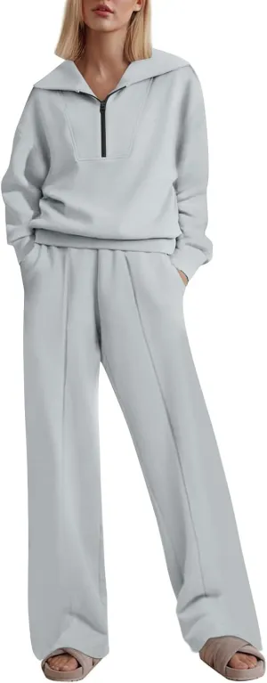 Women Fashion Solid Collar Half Zipper Sweatshirt Wide Leg Sweatpants Matching Sets Casual Sports Two Piece Set