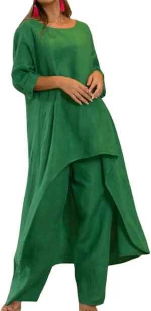 Women Linen Set - 2 Piece Linen Outfits with 3/4 Sleeve Dress & Wide Leg Pants