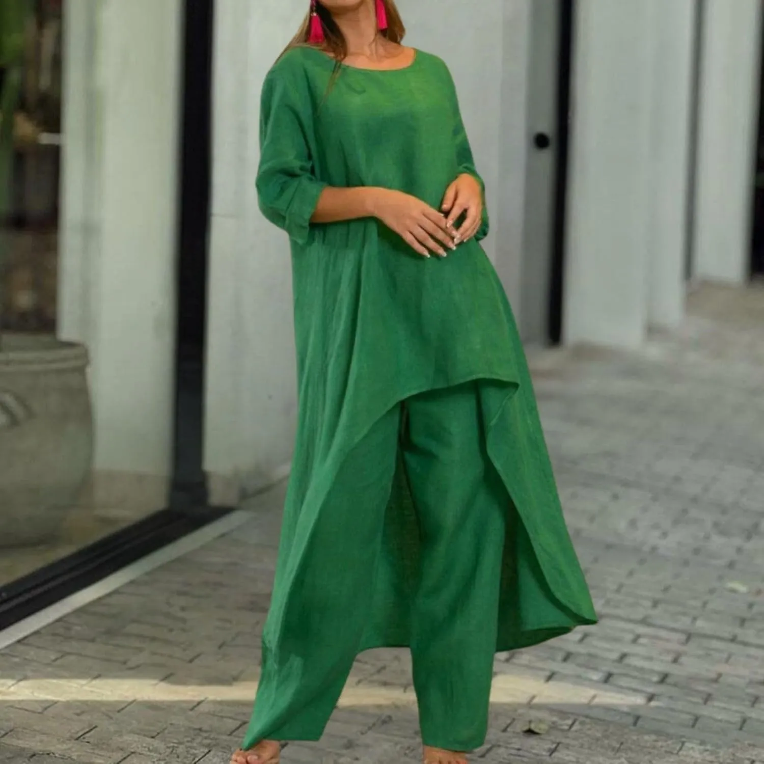 Women Linen Set - 2 Piece Linen Outfits with 3/4 Sleeve Dress & Wide Leg Pants