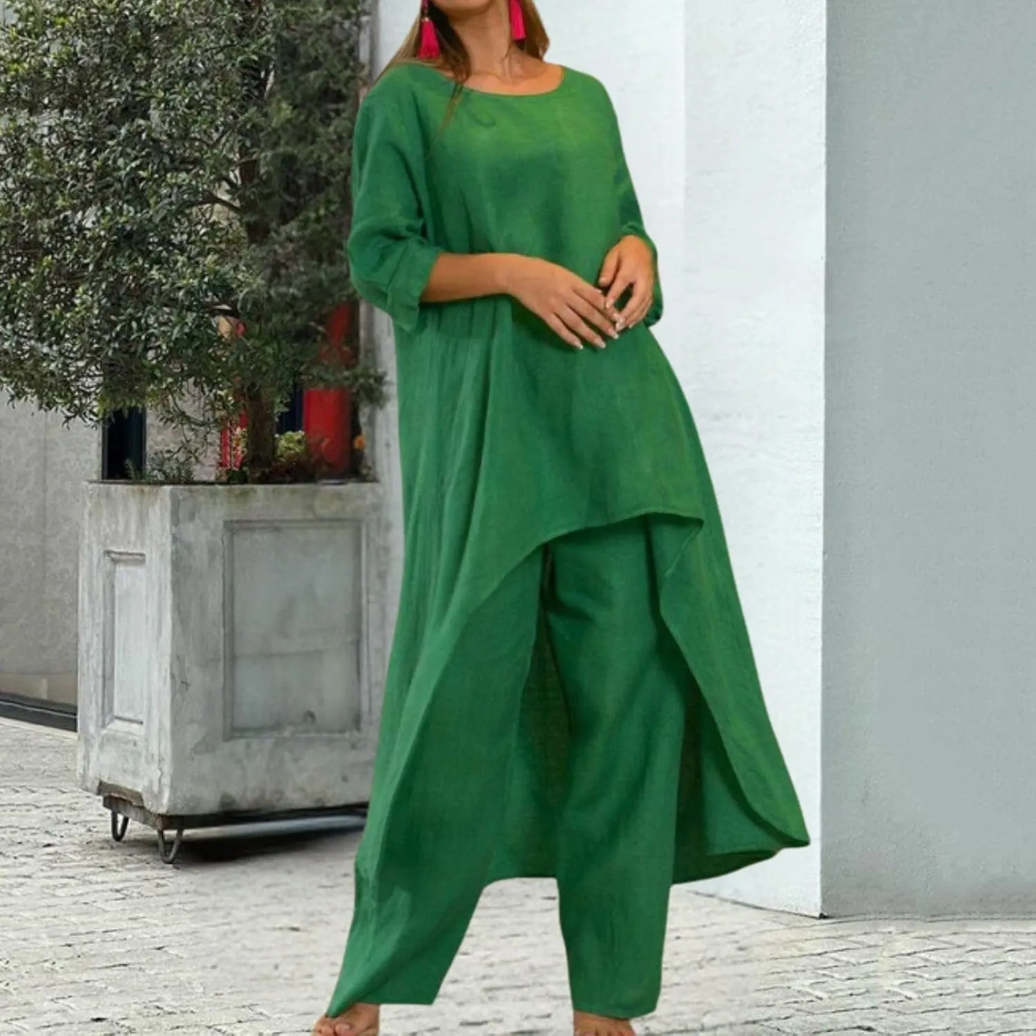 Women Linen Set - 2 Piece Linen Outfits with 3/4 Sleeve Dress & Wide Leg Pants