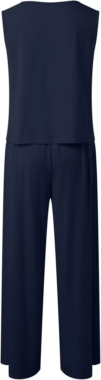 Women Linen Sets 2 Piece Outfits Straight Wide Leg Pants Set Short Sleeve T-shirt Casual Outfits Comfy Loungewear