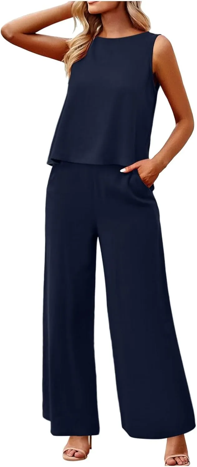 Women Linen Sets 2 Piece Outfits Straight Wide Leg Pants Set Short Sleeve T-shirt Casual Outfits Comfy Loungewear