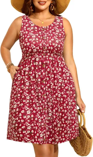 Women Plus Size Summer Dresses - Casual Sun Tank Sleeveless Short Dress with Pockets
