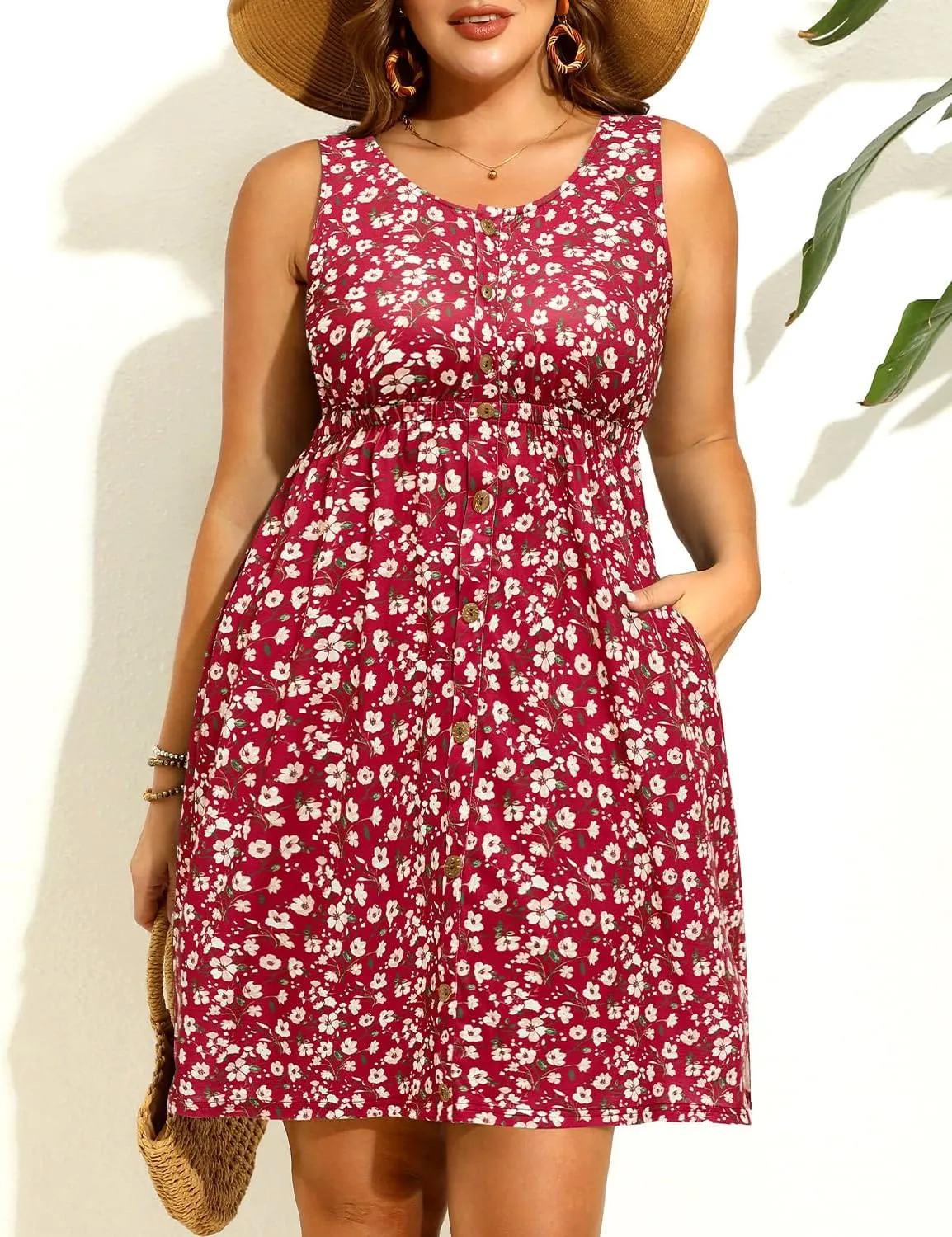Women Plus Size Summer Dresses - Casual Sun Tank Sleeveless Short Dress with Pockets