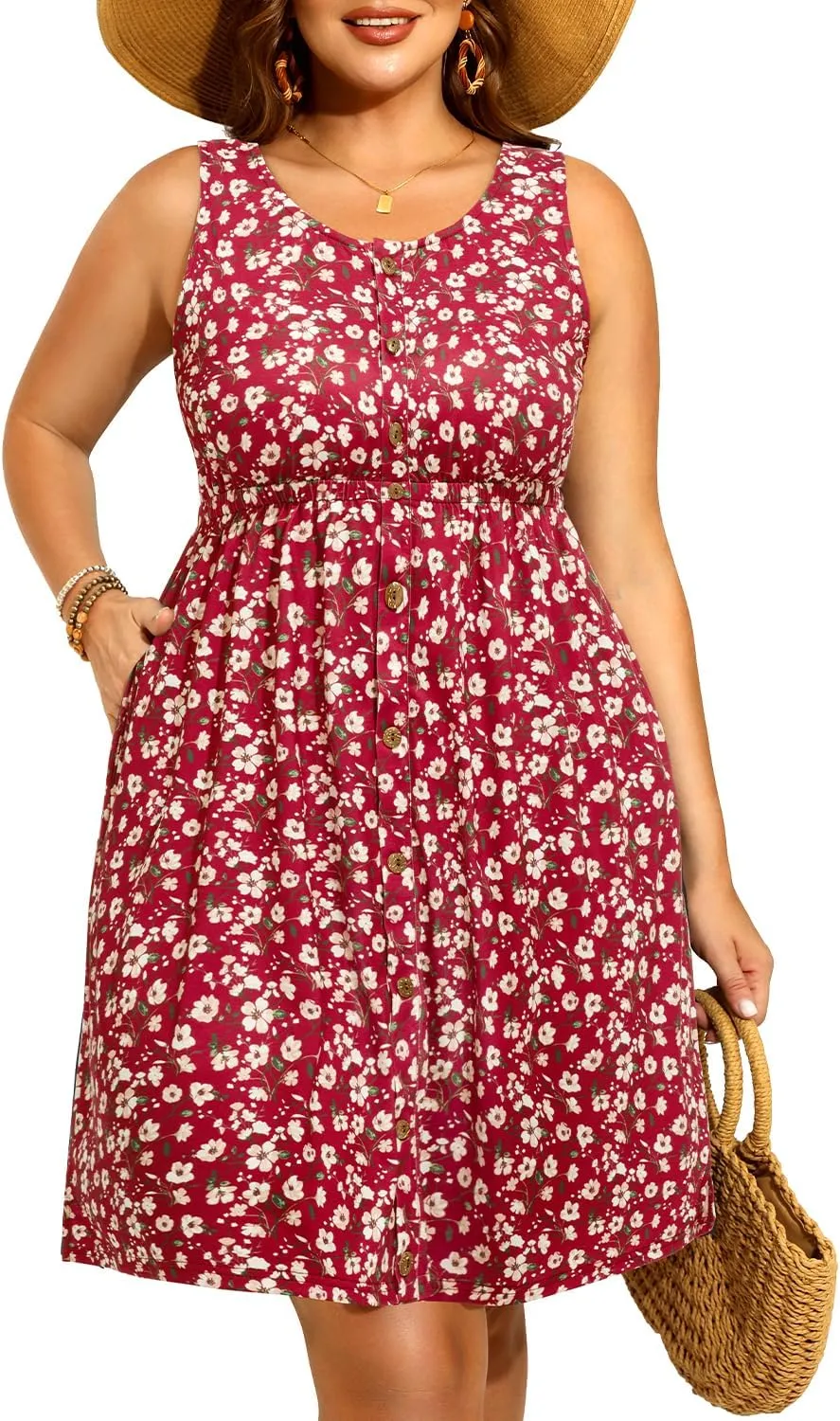 Women Plus Size Summer Dresses - Casual Sun Tank Sleeveless Short Dress with Pockets
