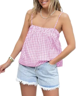 Women Y2K Gingham Tank Top Plaid Spaghetti Strap Peplum Camisole Square Neck Smocked Babydoll Cami Tops