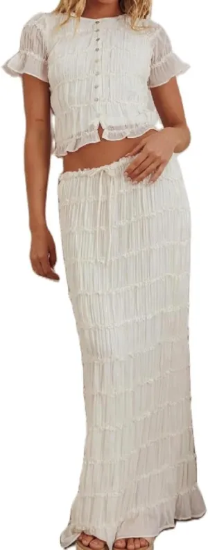 Women Y2k Maxi Skirt Set Lace Mesh Pleated Short Sleeve Button Down Top and Long Skirts Beach 2 Piece Outfit