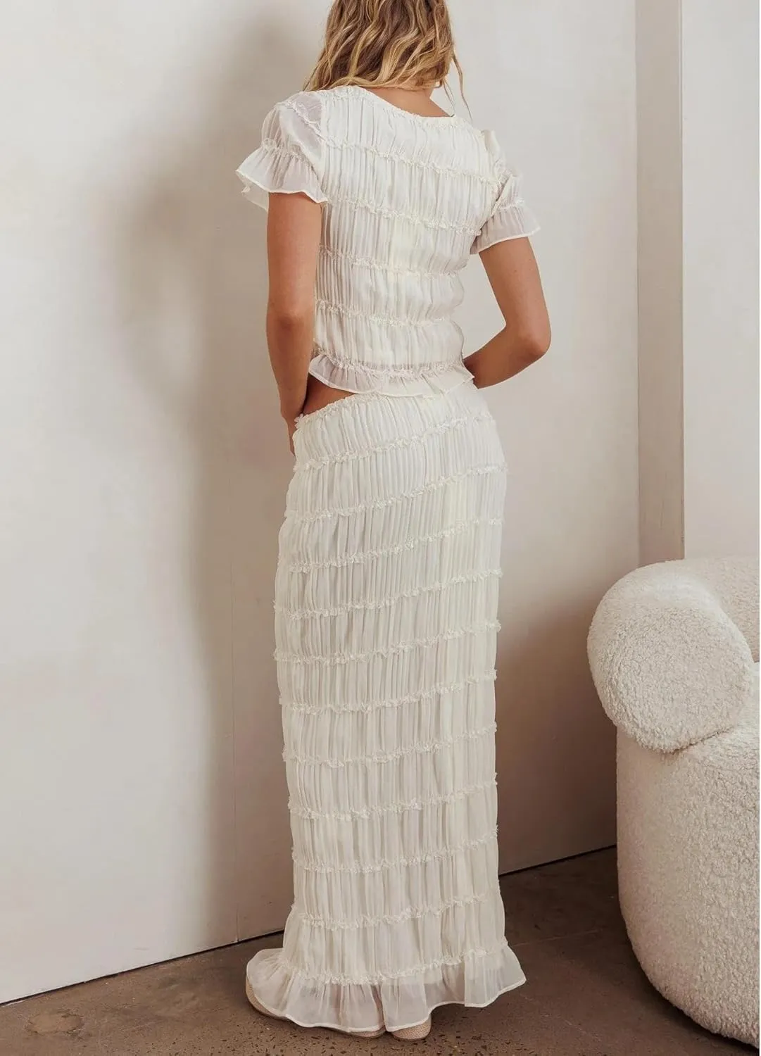 Women Y2k Maxi Skirt Set Lace Mesh Pleated Short Sleeve Button Down Top and Long Skirts Beach 2 Piece Outfit