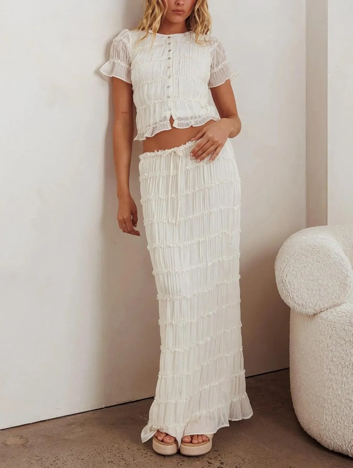 Women Y2k Maxi Skirt Set Lace Mesh Pleated Short Sleeve Button Down Top and Long Skirts Beach 2 Piece Outfit