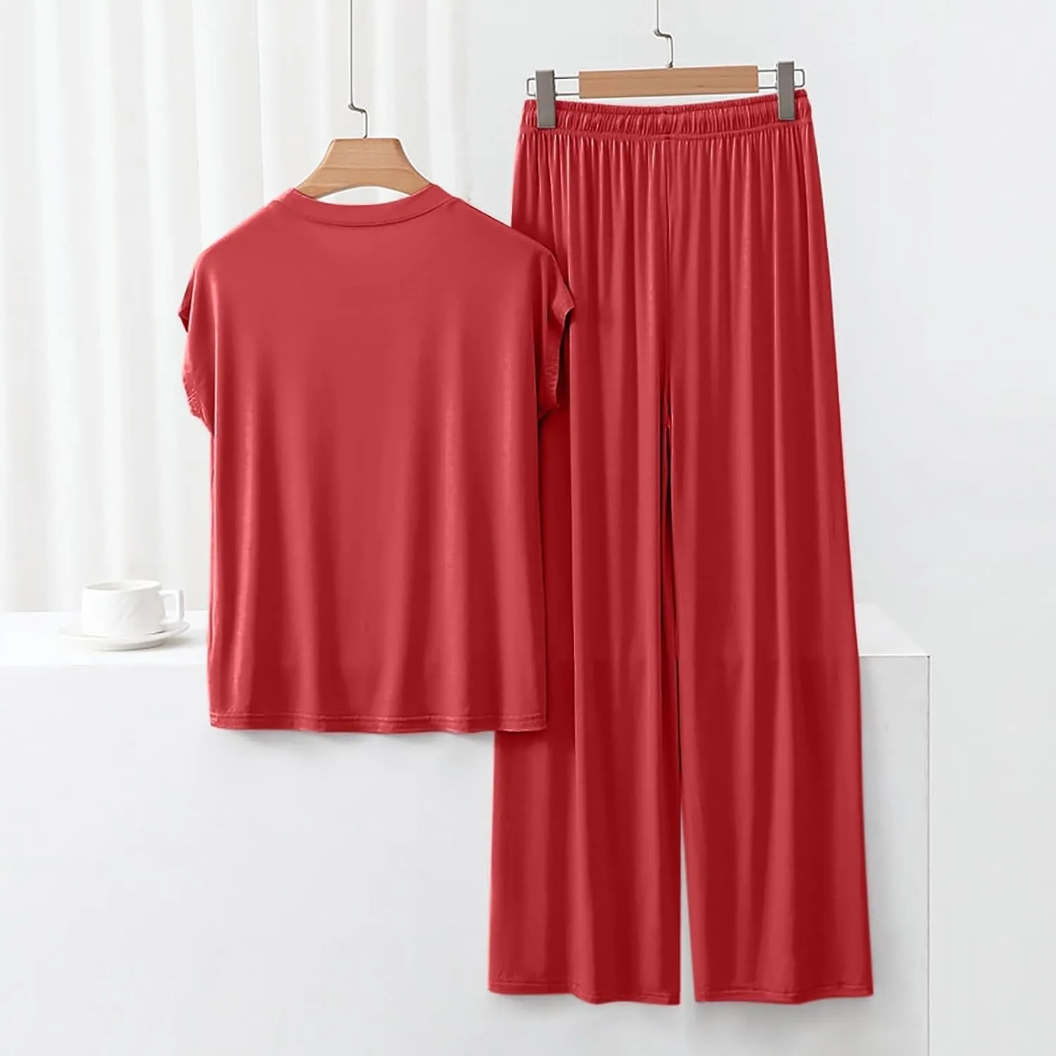 Womens 2 Piece Outfits 2025 Summer Casual Loose Short Sleeve Pullover Tops & Wide Leg Pants Lounge Sets Tracksuit