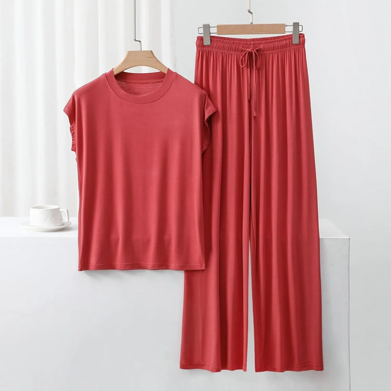 Womens 2 Piece Outfits 2025 Summer Casual Loose Short Sleeve Pullover Tops & Wide Leg Pants Lounge Sets Tracksuit