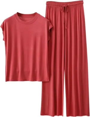 Womens 2 Piece Outfits 2025 Summer Casual Loose Short Sleeve Pullover Tops & Wide Leg Pants Lounge Sets Tracksuit