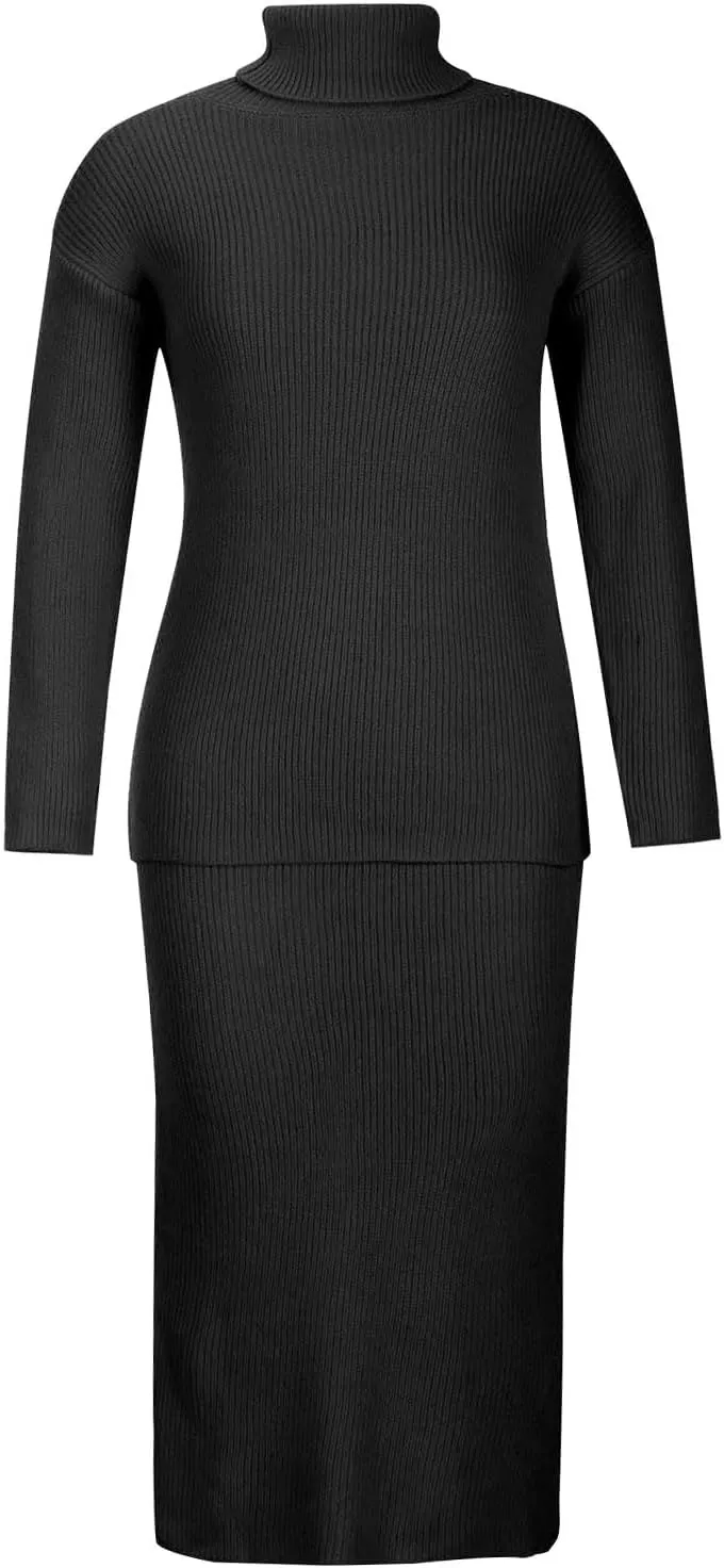 Women's 2 Piece Outfits Ribbed Knit Long Sleeve Oversized Turtleneck Sweater Top and Bodycon Midi Skirt Dress Set