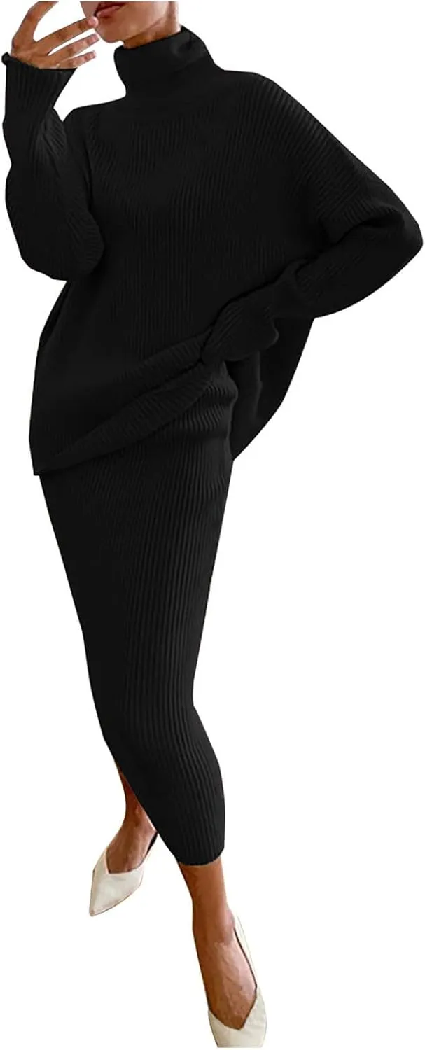 Women's 2 Piece Outfits Ribbed Knit Long Sleeve Oversized Turtleneck Sweater Top and Bodycon Midi Skirt Dress Set