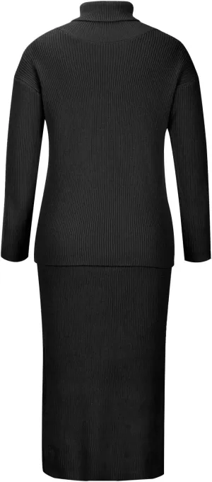 Women's 2 Piece Outfits Ribbed Knit Long Sleeve Oversized Turtleneck Sweater Top and Bodycon Midi Skirt Dress Set