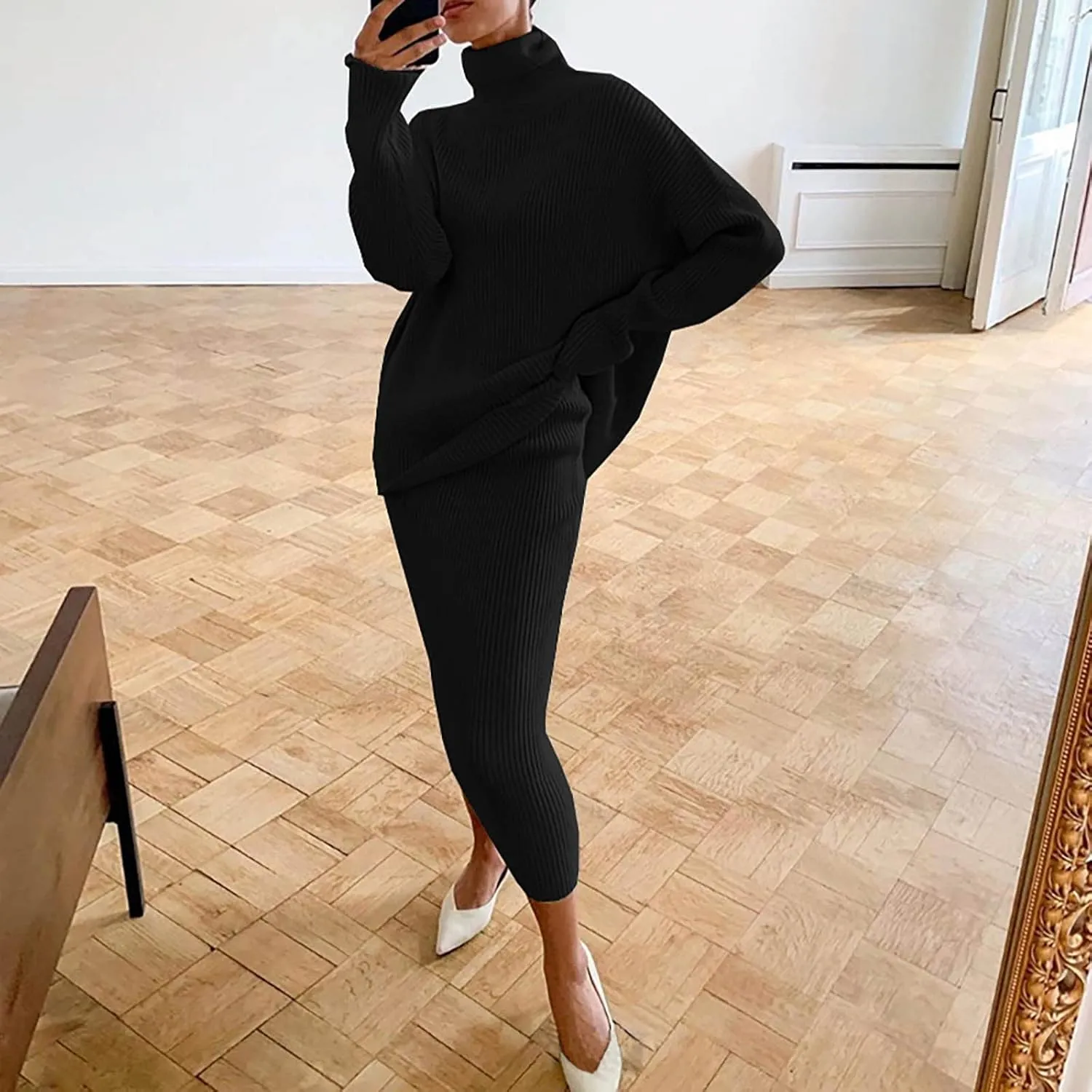 Women's 2 Piece Outfits Ribbed Knit Long Sleeve Oversized Turtleneck Sweater Top and Bodycon Midi Skirt Dress Set
