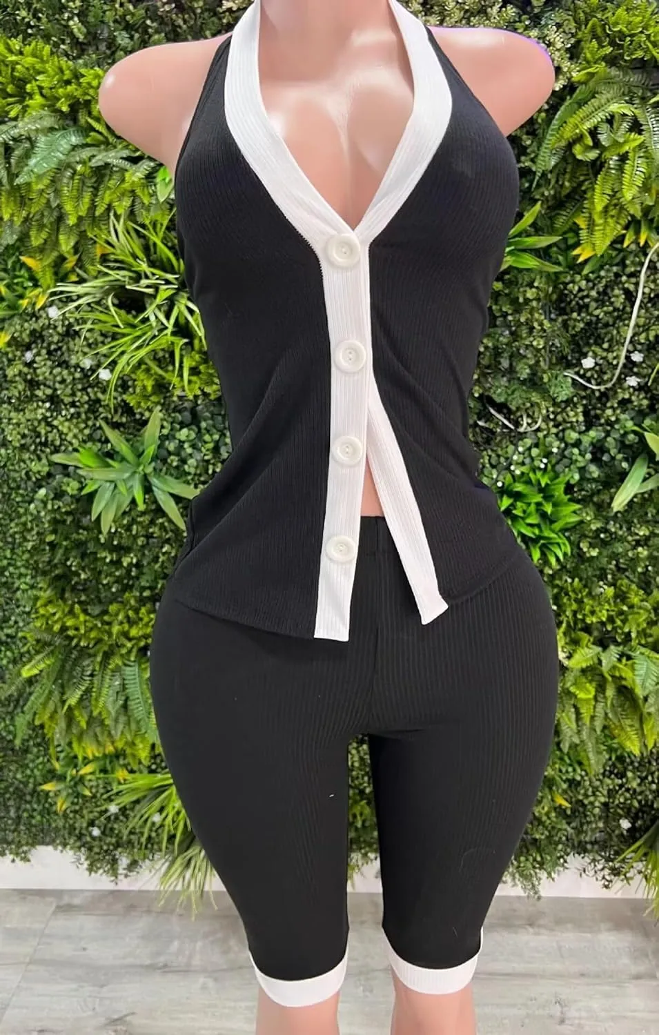 Womens 2 Piece Shorts Set Summer Ribbed Y2K Halter V-Neck Button Vest Sets for Party Outings Tracksuits Romper Set