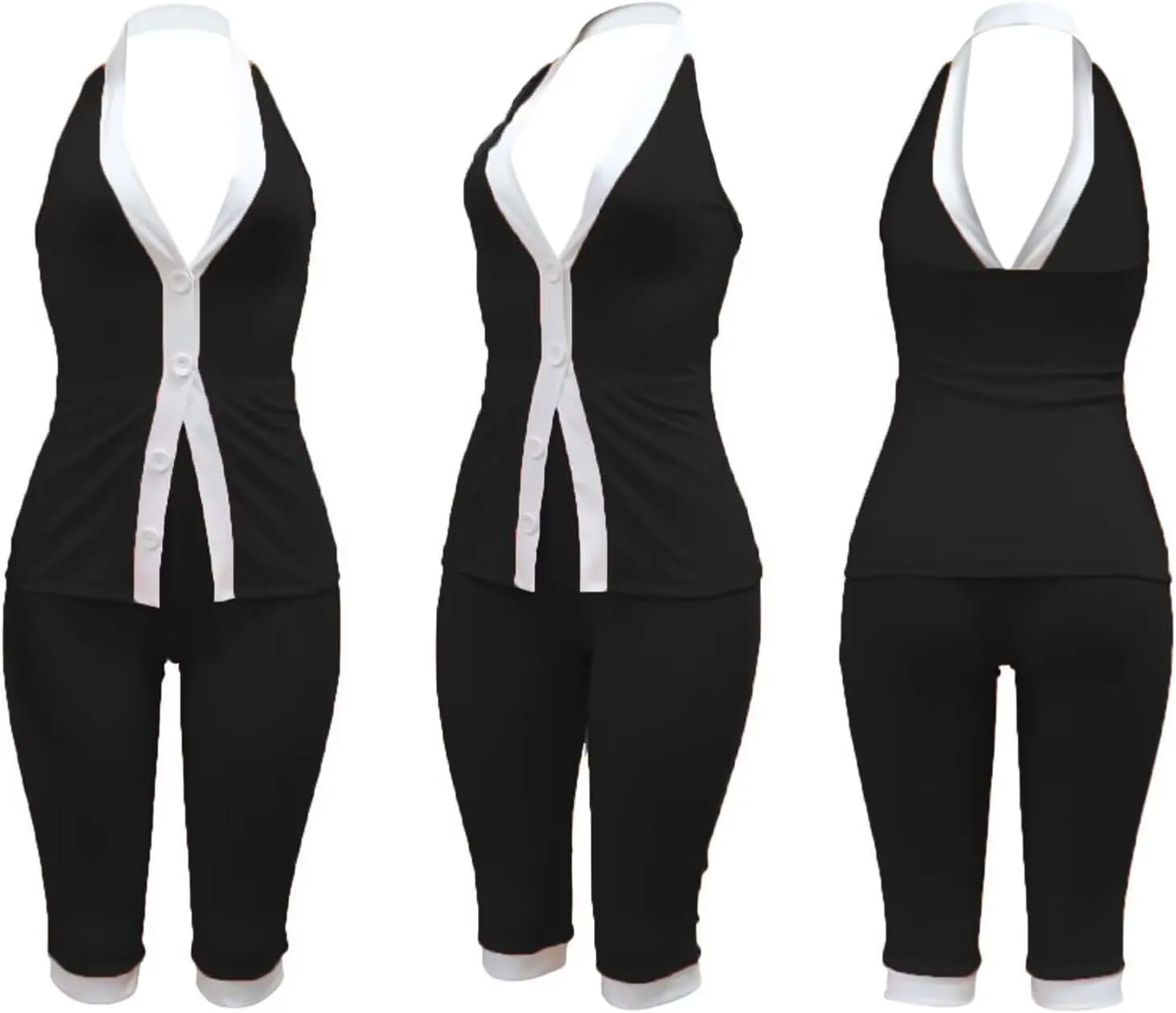 Womens 2 Piece Shorts Set Summer Ribbed Y2K Halter V-Neck Button Vest Sets for Party Outings Tracksuits Romper Set