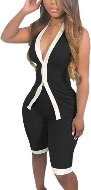 Womens 2 Piece Shorts Set Summer Ribbed Y2K Halter V-Neck Button Vest Sets for Party Outings Tracksuits Romper Set