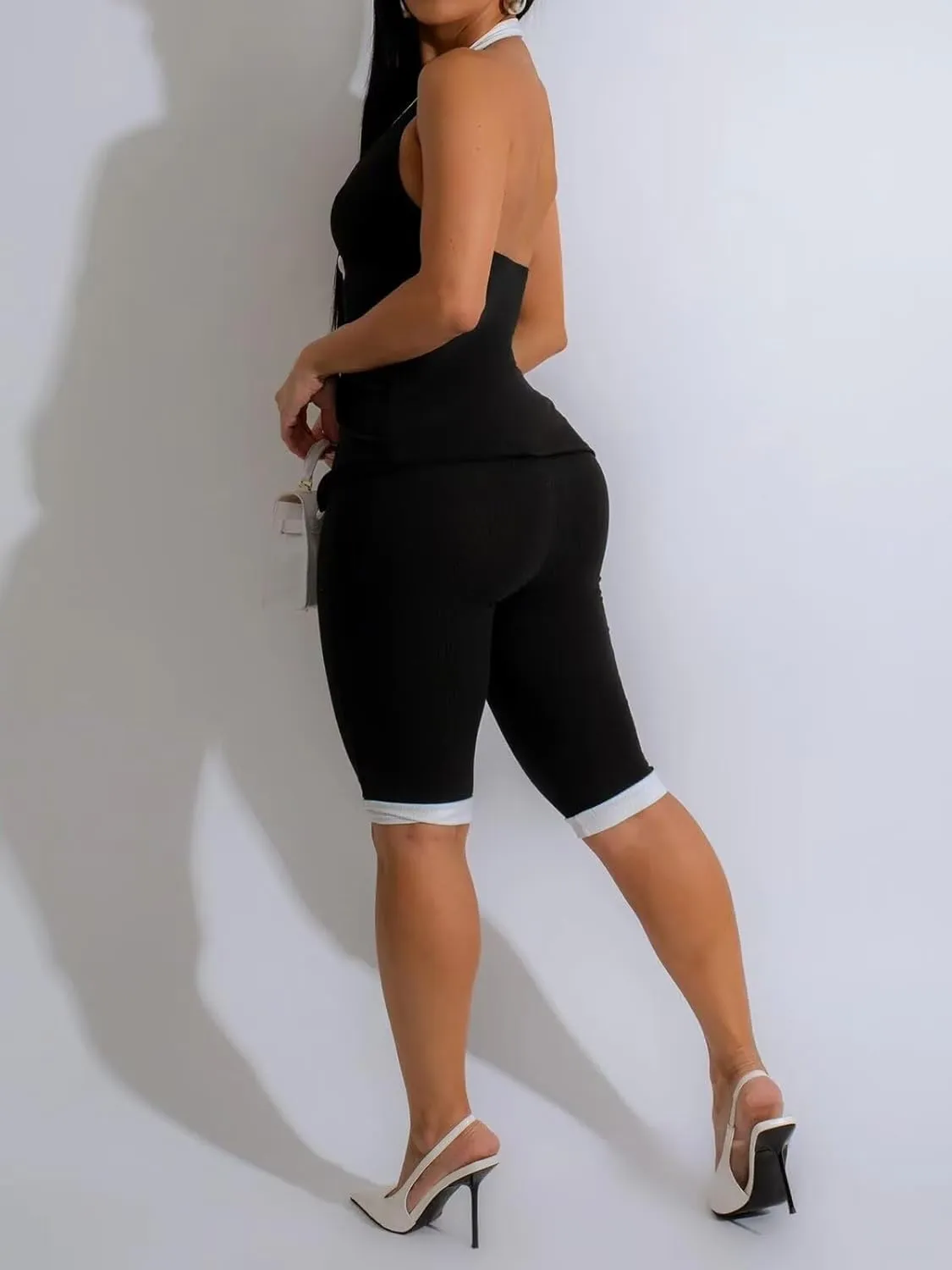 Womens 2 Piece Shorts Set Summer Ribbed Y2K Halter V-Neck Button Vest Sets for Party Outings Tracksuits Romper Set