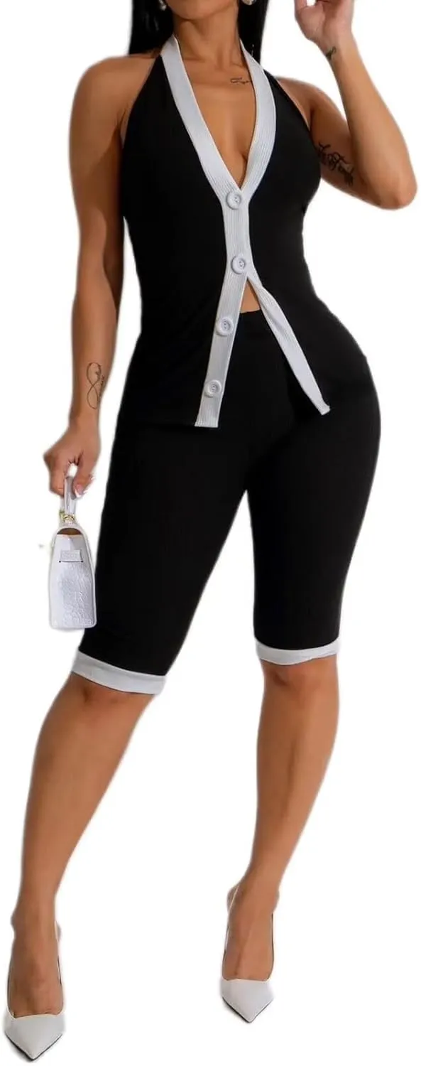 Womens 2 Piece Shorts Set Summer Ribbed Y2K Halter V-Neck Button Vest Sets for Party Outings Tracksuits Romper Set