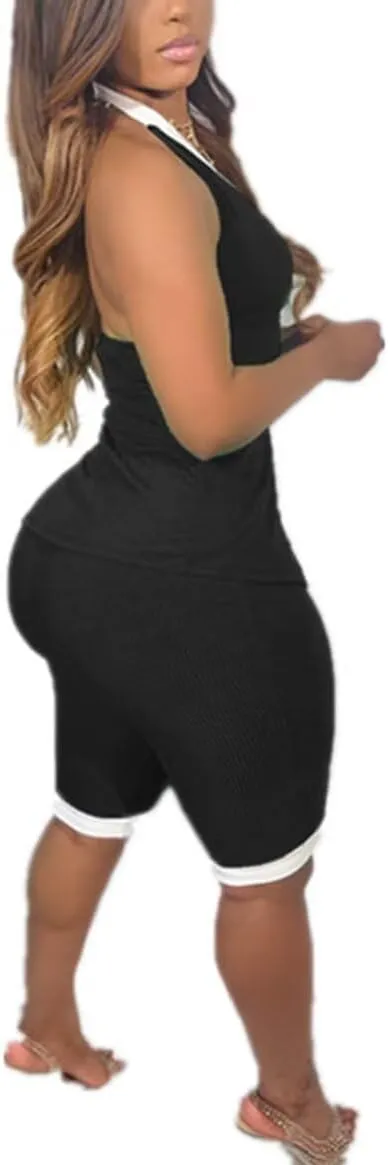 Womens 2 Piece Shorts Set Summer Ribbed Y2K Halter V-Neck Button Vest Sets for Party Outings Tracksuits Romper Set