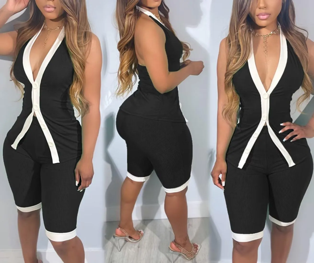 Womens 2 Piece Shorts Set Summer Ribbed Y2K Halter V-Neck Button Vest Sets for Party Outings Tracksuits Romper Set