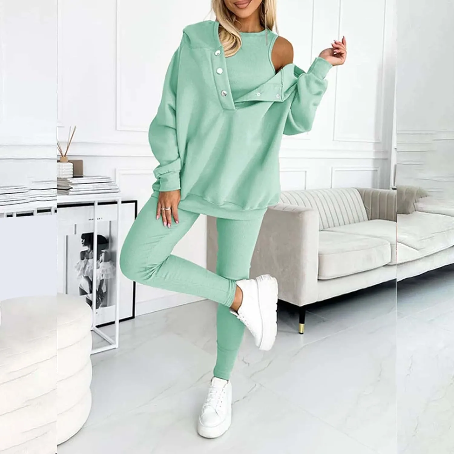 Womens 3 Piece Sports Outfits Lounge Hoodie Sweatsuit Sets Oversized Sweatshirt Baggy Fall Slim Trousers Vest Sweatpants