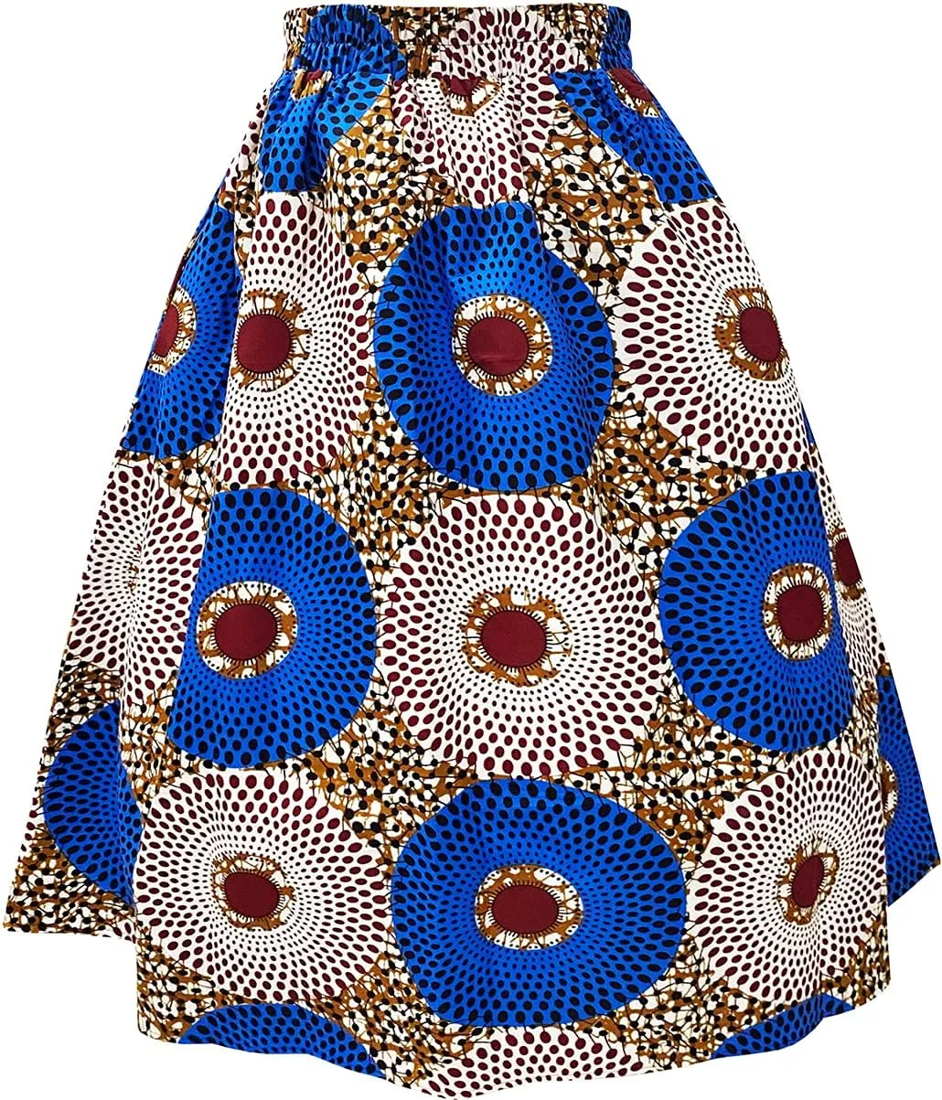 Women's African Print Wax Skirts Ankara Flared Skirt A Line Short Skirt with Pockets