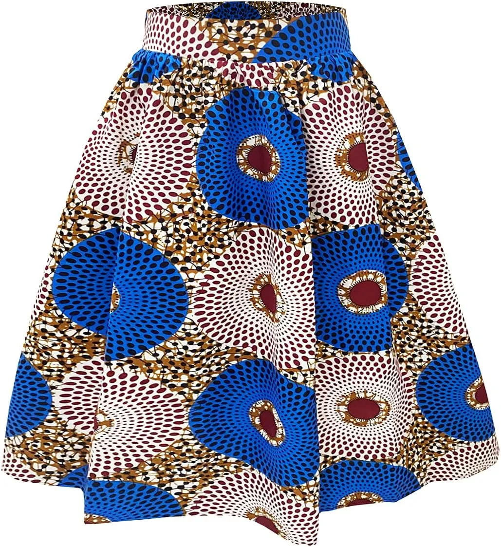 Women's African Print Wax Skirts Ankara Flared Skirt A Line Short Skirt with Pockets