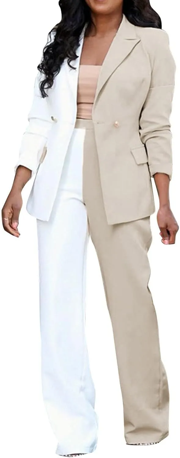 Womens Color Block Suit Sets Two Piece Business Casual Outfits Open Front Blazer High Waist Pants Work Clothes