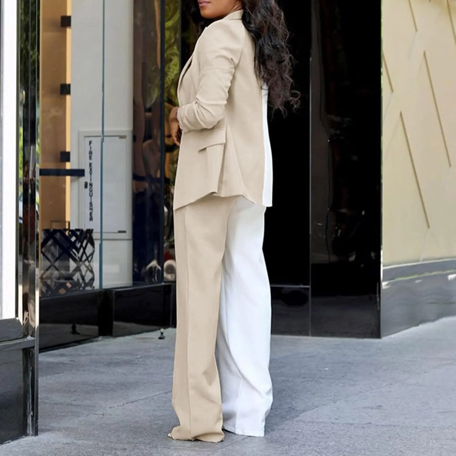Womens Color Block Suit Sets Two Piece Business Casual Outfits Open Front Blazer High Waist Pants Work Clothes