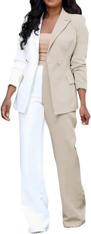 Womens Color Block Suit Sets Two Piece Business Casual Outfits Open Front Blazer High Waist Pants Work Clothes