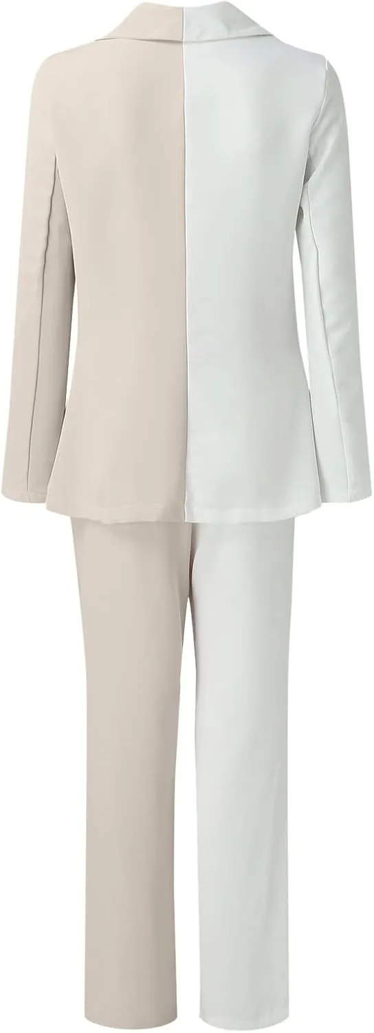 Womens Color Block Suit Sets Two Piece Business Casual Outfits Open Front Blazer High Waist Pants Work Clothes