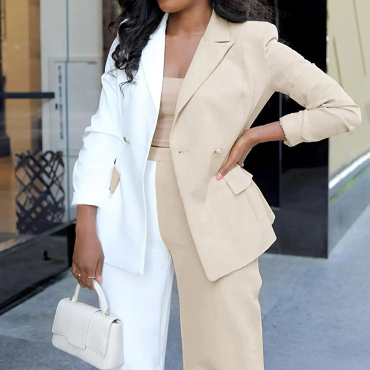 Womens Color Block Suit Sets Two Piece Business Casual Outfits Open Front Blazer High Waist Pants Work Clothes