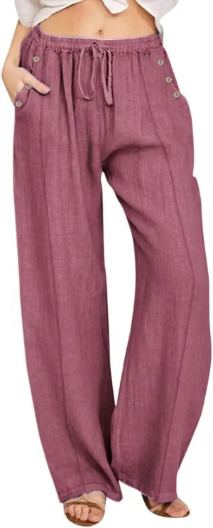Womens Cotton Linen Pants High Waisted Baggy Pants with Elastic Waist Relax Fit Lantern Trouser with Pockets