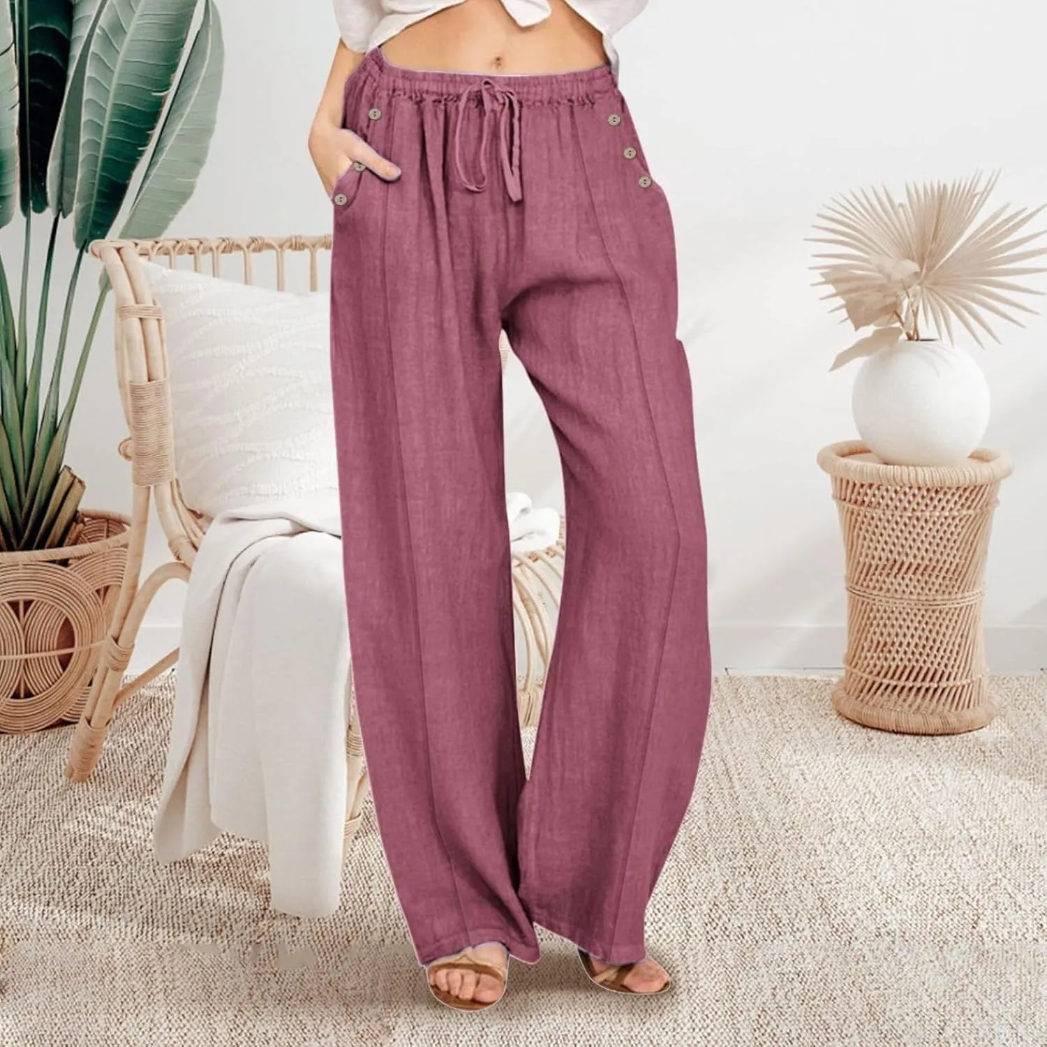 Womens Cotton Linen Pants High Waisted Baggy Pants with Elastic Waist Relax Fit Lantern Trouser with Pockets
