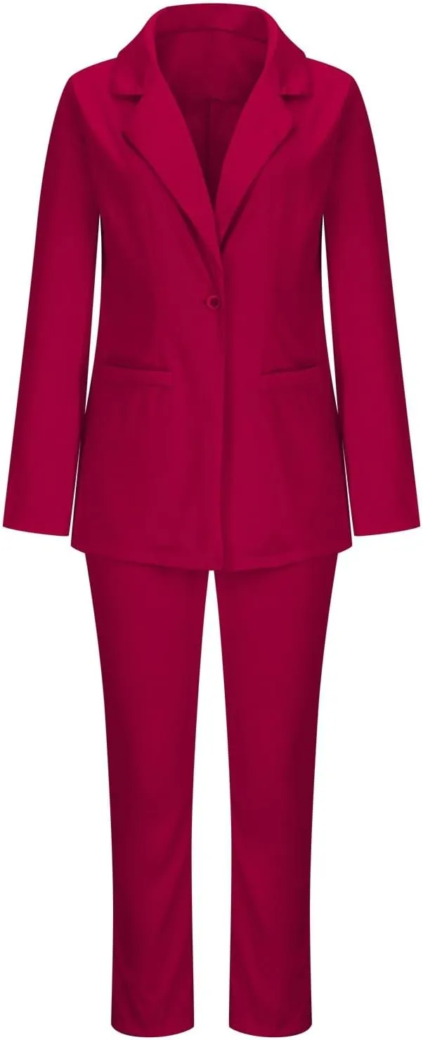 Women's Dressy Suit 2 Piece Business Outfits Long Sleeve Lapel Single Button Blazer and Pencil Pant with Belt Sets