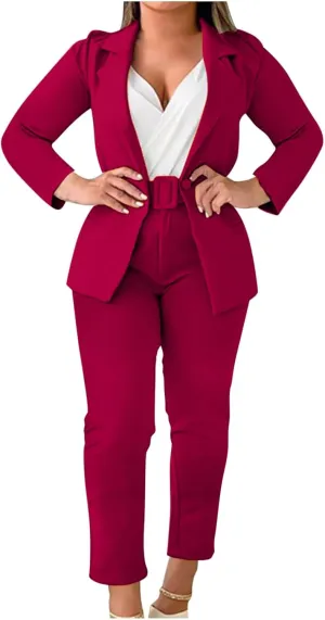 Women's Dressy Suit 2 Piece Business Outfits Long Sleeve Lapel Single Button Blazer and Pencil Pant with Belt Sets