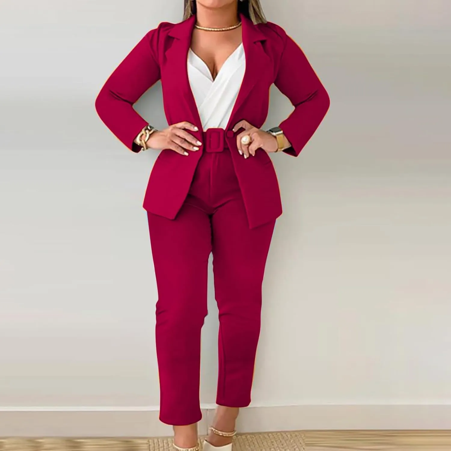 Women's Dressy Suit 2 Piece Business Outfits Long Sleeve Lapel Single Button Blazer and Pencil Pant with Belt Sets